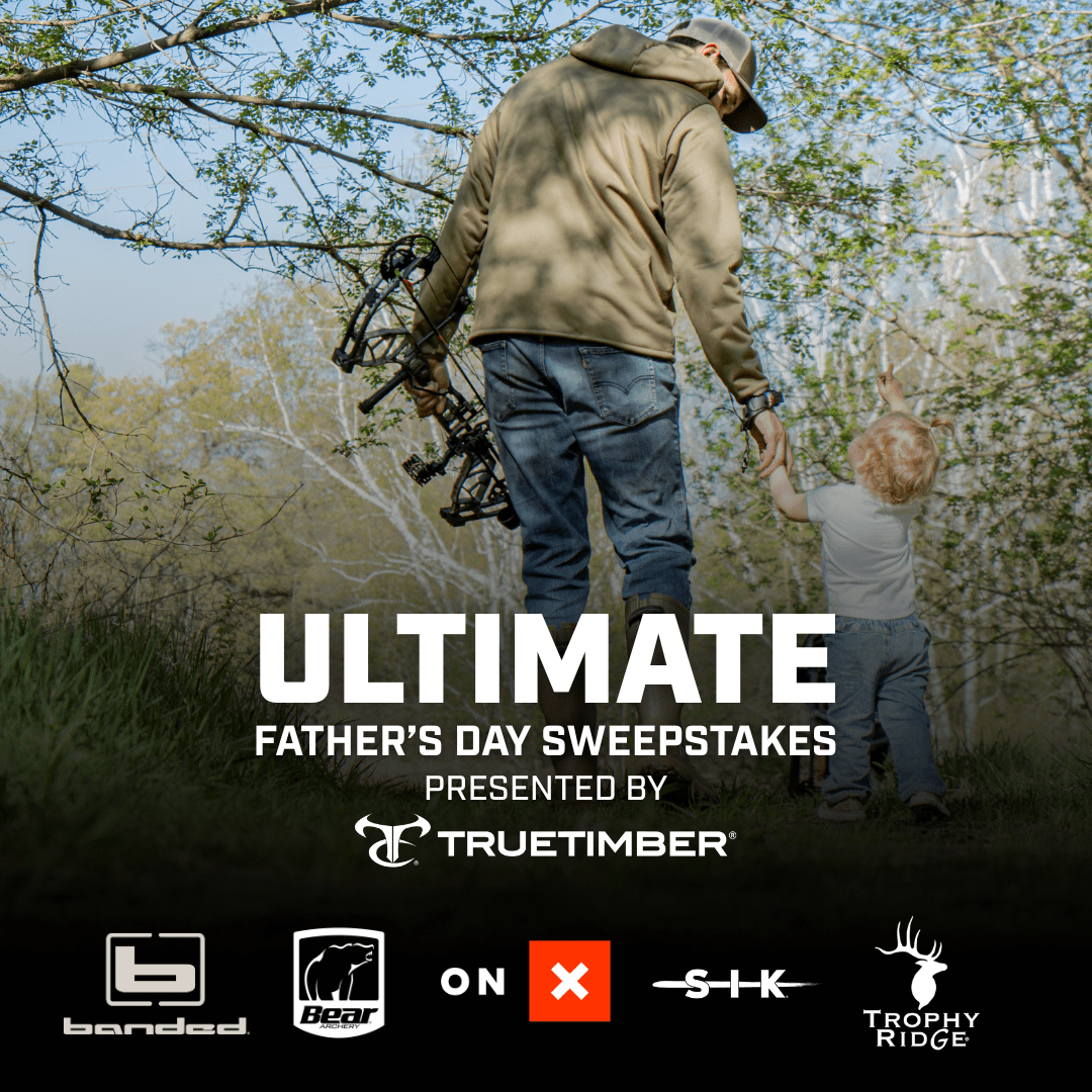 TrueTimber Ultimate Father’s Day Sweepstakes banner featuring camo gear, outdoor prizes, and logos from partner brands Banded, Bear Archery, onX, SIK, and Trophy Ridge.