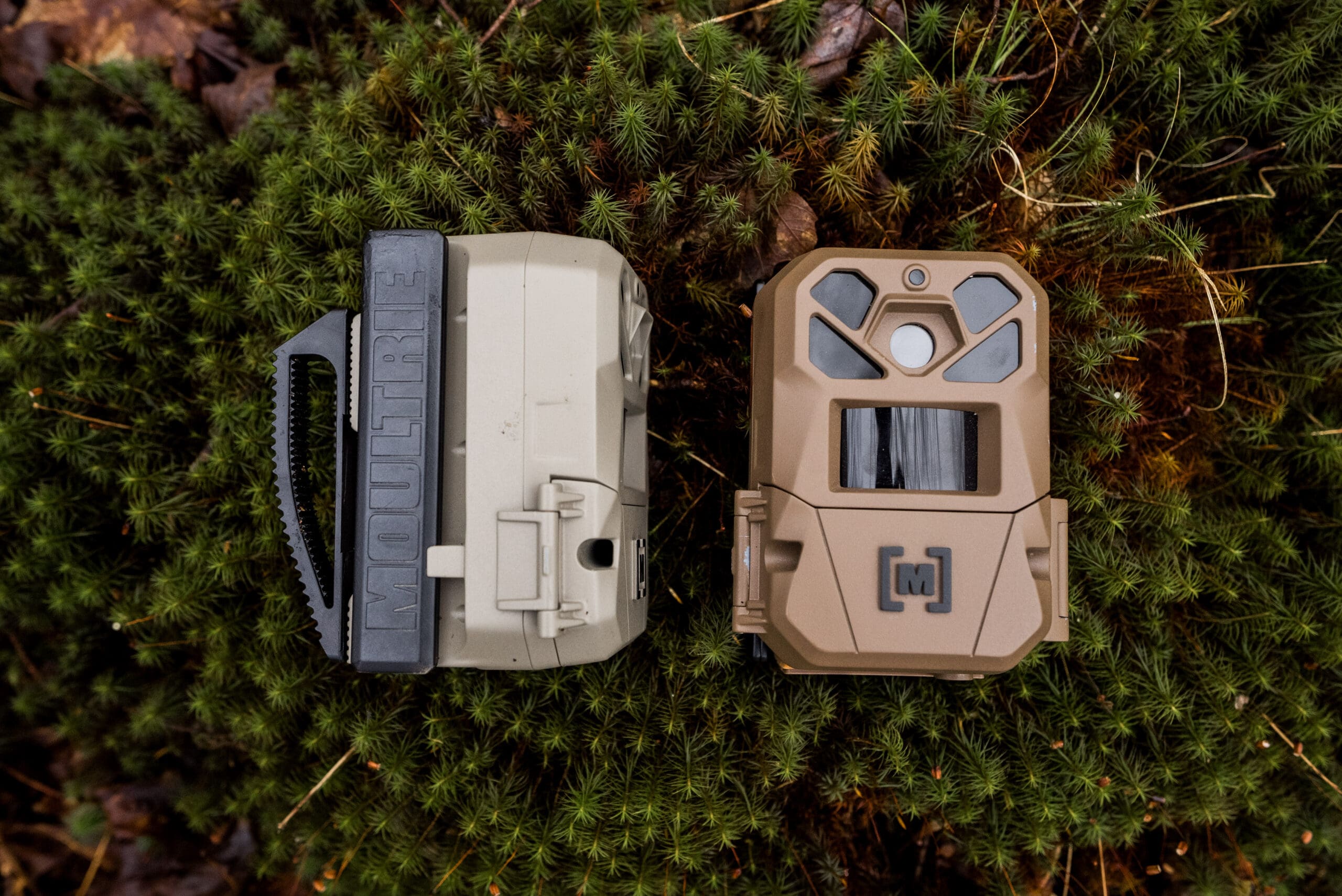 Moultrie EDGE 3 Cellular Trail Camera front view with HD lens and compact design as well as another moultrie edge 3 cellular trail camera with side angle view of it