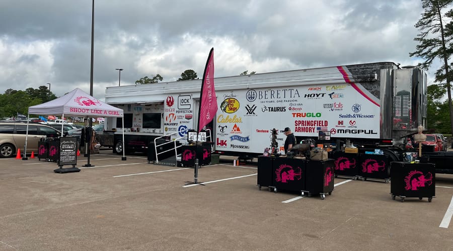 Shoot Like A Girl’s mobile range at Cabela’s in Thornton, CO, offering hands-on firearms training with certified female instructors during the 2025 tour.
