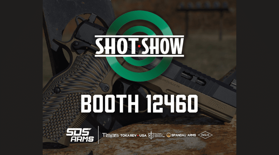 SDS Arms booth at SHOT Show 2026 showcasing new firearms, custom giveaways, and interactive experiences with Tisas, Tokarev, MAC, Spandau, and Inglis brands.