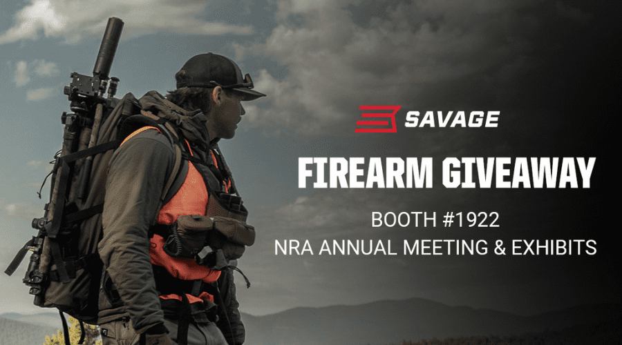 Savage Arms booth at NRA Annual Meetings 2026 in Houston with firearm giveaway promotion