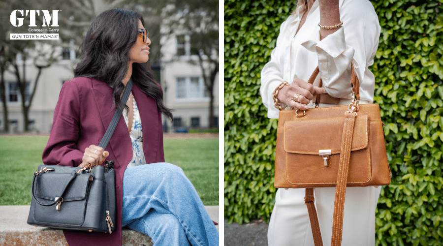 marketing promotional image of two new spacious leather concealed carry handbags for women's safety